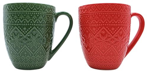 Juego de vasos, tazas de café, vasos de vino caliente, vasos de porcelana, tazas de Navidad, tazas de té, juego de tazas retro verde/rojo, porcelana, 410 ml, contenido: 2 vasos, 12 x 9 x 10 cm (largo