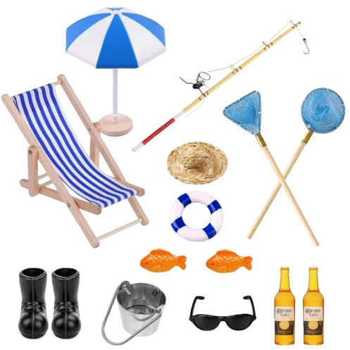 14 Stück Miniatur Zubehör Angelrute Set, Wichtel Zubehör Puppenhaus Deko, Sommer Strand Theme mit Strandstuhl, Schwimmringe, Sonnenschirme, Fischernetze, Angelset Deko 1:12 Miniaturmodell