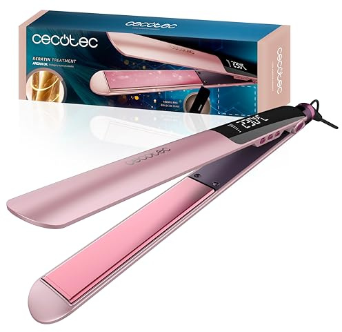 Cecotec Plancha de Pelo Estrecha - Cerámica - Lisse Keratin Essence Cotton Candy. Función HeatMax, 130-230ºC, Revestimiento con Queratina y Aceite de Argán, Cable Giratorio, Bolsa de Viaje