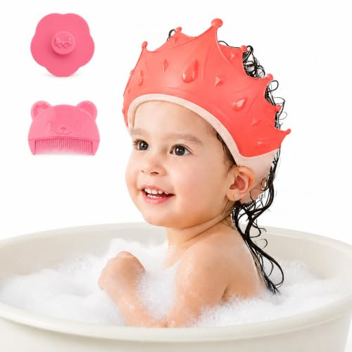 Baby Shower Cap for Kids, Gem Crown Design- Adjustable Bath Hat, Water Cover to Protect Baby's Eyes and Ears, with Cartoon Bear Hair Comb and Silicone Scalp Massage Brush, Suitable for Kids Girls, Boy