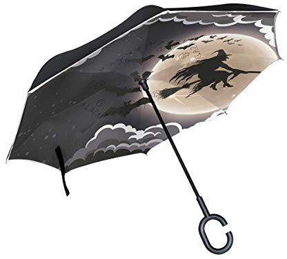 Mnsruu Regenschirm, umgekehrt, Halloween, fliegende Hexe, doppellagig, groß, gerade, UV-Schutz, winddicht, Reise-Regenschirm mit C-förmigem Griff