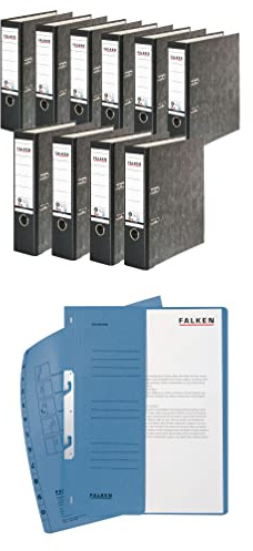 Original Falken 10er Pack Recycling-Ordner Wolkenmarmor 8 cm breit DIN A4 schwarzer Rücken und Falken Einhakhefter halber Vorderdeckel kfm. Heftung blau 50er Pack
