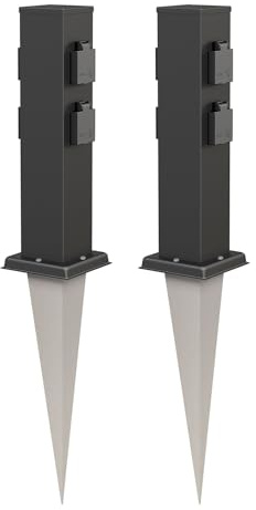 ledscom.de 2X Garten-Steckdosen-Säule Polly mit Erdspieß für außen, IP44, 4-Fach, Edelstahl, eckig, schwarz, 40cm