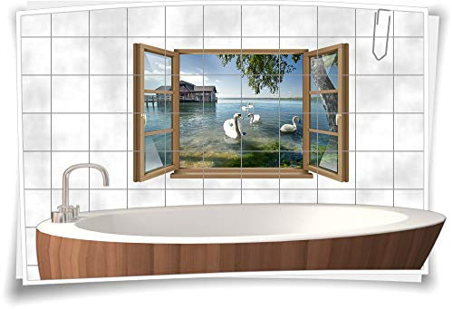 Medianlux Fliesen-Aufkleber Fliesen-Bild Fenster Schwan Schwäne Steg Holz-Haus See Baum Bad WC Aufkleber Folie Aufkleber Deko Digitaldruck, 150x97cm, 20x25cm (BxH) wb22fb149-111307