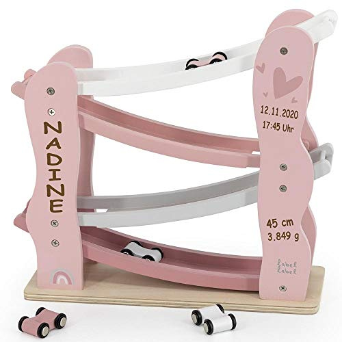 Autobahn Kugelbahn aus Holz rosa personalisierbar mit Name und Geburtsdaten Baby Geschenk mit Gravur