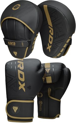 RDX Boxing Gloves and Pads Set, Maya Hide Leather, Adult & Kids KARA Hook and Jab Curved Focus Mitts with Punching Gloves for MMA, Muay Thai Kickboxing Martial Arts Punching Hand Target Strike Shield