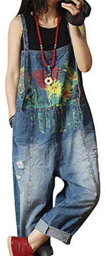 YESNO Women Loose Fit Denim Dungarees Casual Printed Baggy Jumpsuit Distressed Long Wide Leg Overalls Jeans Pants Trousers P60UK DENIMBLUE XL