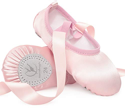 Ballettschuhe Rosa Ballettschläppchen Satin mit Band Tanzschuhe Geteilte Ledersohle für Mädchen Kinder Damen,Rosa EU 29 …
