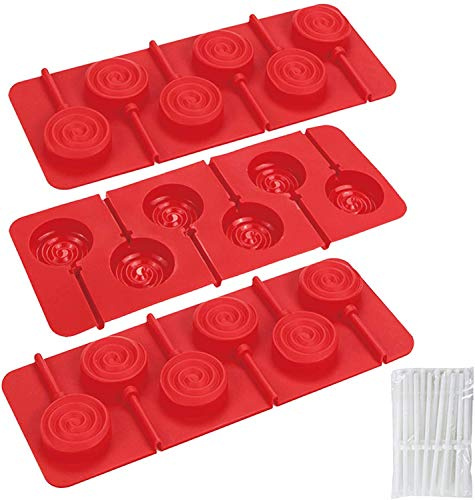Webake Chocolate Lolly Moulds Silicone 3 Pcs 6 Cavity Round Swirl Lollipop Mould with 18 Pcs Reusable Lollipop Sticks Cake Lolly Mould, Red