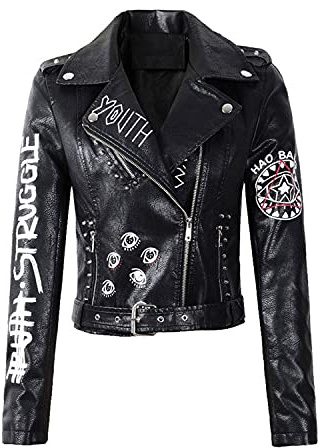 LY VAREY LIN Women's Print Faux Leather Punk Jacket Biker Motorcycle Jacket with Belt (Black, m)