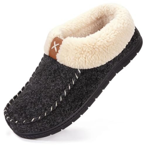 VeraCosy Women's Moccasin Slippers Warm Comfy Faux Wool Memory Foam Indoor House Shoes Black, 5 UK