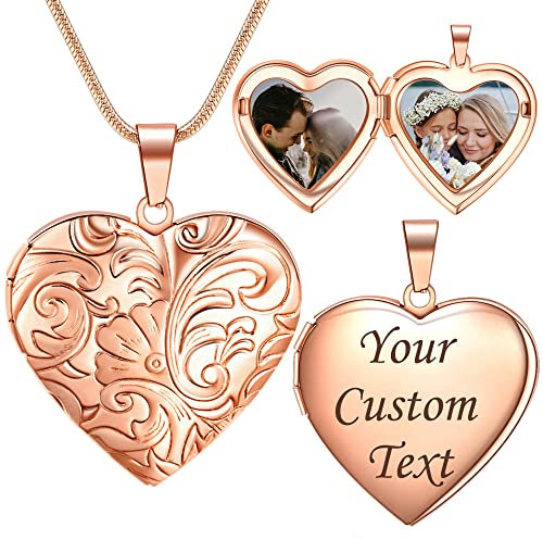 Farfume Personalisierte Foto-Medaillon-Halskette – Herz Medaillon mit Gravur Text und 2 Zwei Fotos – Kette mit Bild （Daisy-Rose Golden）