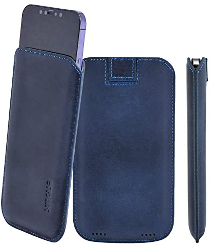 Suncase Original Leder Etui kompatibel mit iPhone 14 Pro (6.1) Hülle Tasche Ultra Slim Ledertasche Schutzhülle Case (mit Rückzuglasche) in Pebble Blue