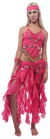 5 pezzi Costume da danza del ventre professionale da donna, set di accessori top e gonna lunghe in chiffon per costumi indiani e feste a tema, taglia unica, fucsia, Taglia unica