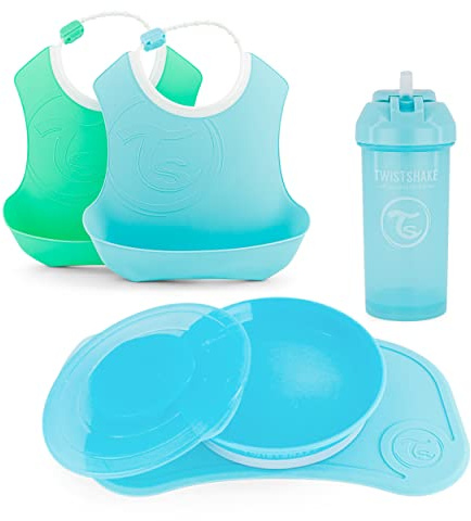 Twistshake Babygeschirr-Set - 5 Teilig | 1x Baby-Silikon-Tischset - 1x Kinderteller - 2x Lätzchen - 1x Strohhalmbecher | Baby-Fütterungsset | Geschirr für die Entwöhnung | 6+ Monate | Blau