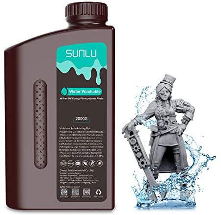 SUNLU Wasser Abwaschbar 3D Drucker Resin 2kg, 405nm UV Harz 3D Druck Standard Photopolymer Harz für 4/6/8K LCD DLP SLA Resin 3D Printer, Hohe Präzision,Geringer Geruch,Water Washable,Dunkelgrau 2000g