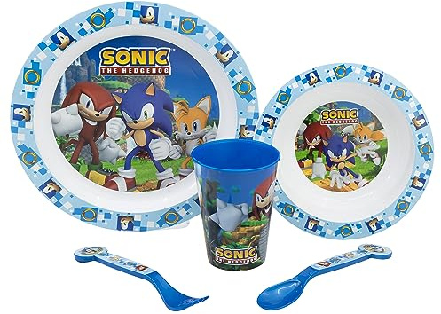 SET DI STOVIGLIE PER BAMBINI DA 5 PEZZI. PIATTO, CIOTOLA, BICCHIERE DA 260 ML E POSATE. SENZA BPA E ADATTO AL MICROONDE. | SONIC