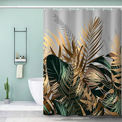 VULORA Duschvorhang Tropisches Palmblatt 180x200 Polyester Stoff Waschbar Textil Shower Curtains Anti-Schimmel Anti-Bakteriell Waschbar Badewanne Vorhang mit 12 Haken Gold Grün Badezimmer Badvorhang