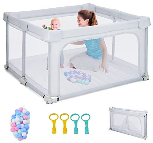 COSTWAY 124 x 124cm Baby Laufstall faltbar, tragbarer Laufgitter mit 50 Bälle, 4 Griffe, Verriegelungsfunktion, Krabbelgitter mit Netzwänden & Tür, Laufgitterzelt für Säuglinge & Kinder (Hellgrau)