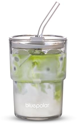 BLUEPOLAR 13oz/400ml Glass Water Tumbler with Straw and Lid Sealed Carry On Thick Wall Iced Coffee Cup Glass Cup for Water, Iced Tea Fruit Juice Etc(Aurora White