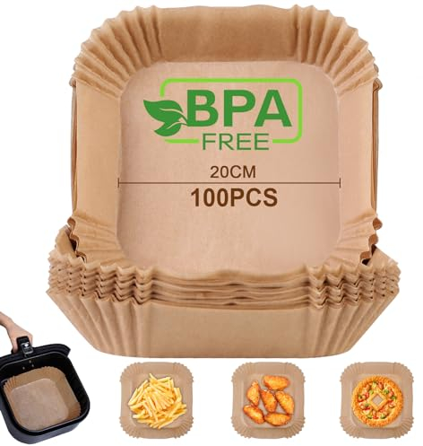 AiQInu Backpapier für Heißluftfritteuse, 100 Stück 20cm BPA-frei Airfryer Backpapier Eckig Wasserdicht Ölfest Pergamentpapier Liner Airfryer Zubehör, für Heißluftfritteuse Ofen Mikrowelle