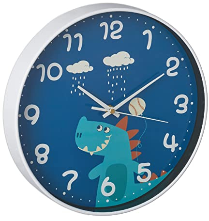 Relaxdays Wanduhr Dinosaurier, Ø 29,5 cm, Dino Uhr für Kinder, Kinderzimmeruhr Jungen & Mädchen, Kinderuhr Wand, blau