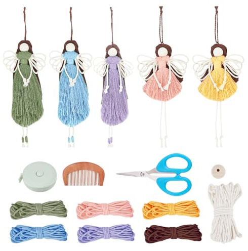 FREEBLOSS 6 Satz Makramee-Engel-Set Christbaumschmuck 6 Farben Makramee-Zubehör mit Anleitung Makramee gewebt Dekorationen für Schlafzimmer Craft Enthusiast