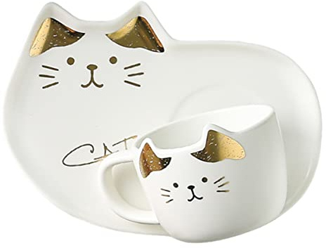 BRIGHTFUFU Tea Cup 1 Set Cat and Saucer Porcelain Drink Cup cat Saucer Black Mug Funny Mugs Porcelain s Ceramics Mug Student Cartoon Latte White