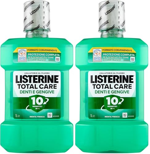 LISTERINE Enjuague bucal defensa dientes y encías, sabor a menta fresca, enjuague bucal encías inflamadas para dientes fuertes, con fluoruro, higiene bucal para encías sanas, 1 litro (Paquete de 2)