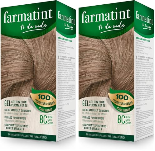 Farmatint Gel 8C Rubio Claro Ceniza | Color natural y duradero | Componentes vegetales y aceites naturales | Sin amoníaco | Sin parabenos | Dermatológicamente testado (Paquete de 2)