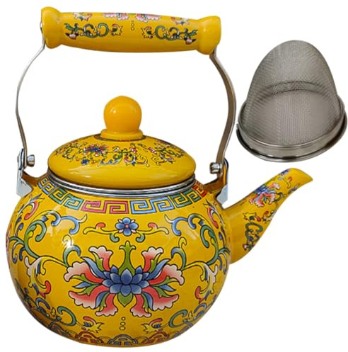 Luxshiny 2,2-Liter Emaille Teekessel für den Herd - Großer emaillierter Teekessel, blumig bunt mit Griff und Filter, Retro für Wasser, Tee, Kaffee