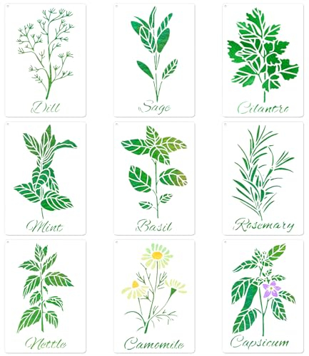 MWOOT 9 Pieces Plant Schablone Groß, Wiederverwendbar Leaf Painting Stencil, Schablonen Blumen zum Malen Graffiti Textilgestaltung Wandgestaltung Fenster Steine, Schablonen Erwachsene für Möbel