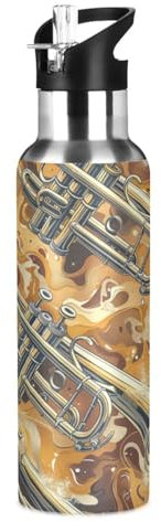 Wzzzsun Musique De Trompette De Dessin Animé Artistique Isotherme Bouteille d'eau avec Paille, Gourde Sport en Acier Inoxydable 600ML Gourdes sans BPA pour Enfant Garçon Fille École Bureau