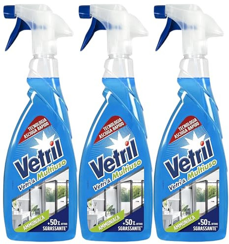 3x Detergente Spray, VETRI & MULTIUSO, Con Ammoniaca, Azione Sgrassante e Brillantezza Senza Aloni 650 ml