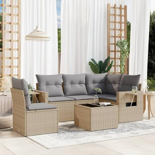 Rantry 6-TLG. Gartenmöbel Set mit Kissen Gartensofa Gartenlounge Balkonsofa Loungesofa Ecklounge Ecksofa Balkonmöbel mit Gartentisch Sitzgruppe Loungemöbel Beige Poly Rattan