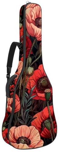 Gitarrentasche für Akustikgitarre mit zwei Taschen, rote Mohnblumen, Wiese, Mohnblumen, wasserabweisend, doppelt verstellbarer Schultergurt, Gitarrentasche, Rote Mohnblumen Wiese Mohnblume,