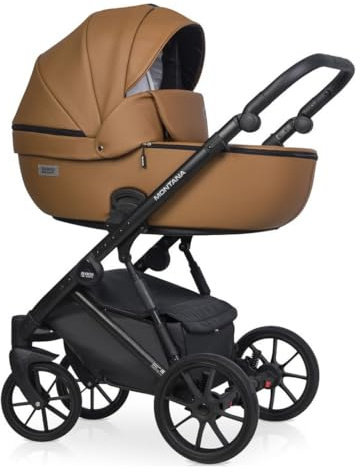 BBtwin Riko Basic Montana Ecco 2-in-1 Kinderwagen aus Kunstleder, zwei Teile und Zubehör (Kamel)