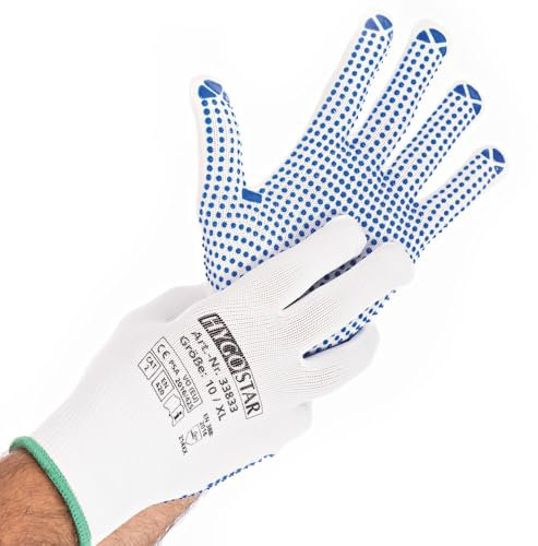 FRANZ MENSCH 120 Stück Hygostar Mittelstrickhandschuhe Structa | Nylon/Baumwolle, Karton, weiß-blau, 10/XL, L: 26cm, Baumwollehandschuhe, Monatgehandschuhe, Strickhandschuhe