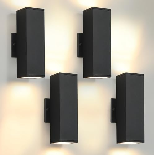 tewei 4 Pack LED Square Up and Down Lights Outdoor Wall Lights, Matte Black Exterior Lighting Fixtures with 7W LED Bulbs, Modern Outdoor Lights for House, Garage, Porch, Doorway