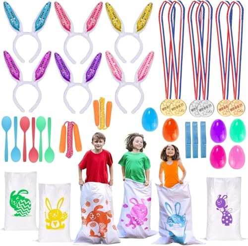 Afoxon 29 Pack Easter Party Games for Kids, Easter Potato Sack Race Jumping Bags, Bunny Ears Headbands, Egg Spoon Relay Races, Easter Party Supplies