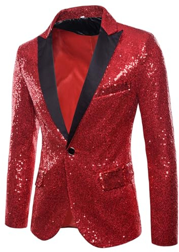 Herren-Blazer mit Pailletten, glänzend, lange Ärmel, Revers, Disco, Metallic, Smoking, Party, Abschlussball, Anzug, Jacke, modischer Glitzer, Smoking für Hochzeitsbankett, rot (2), L