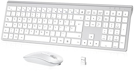 Tastiera e Mouse Wireless - cimetech Tastiera Wireless Ricaricabile 2.4G, Layout Italiano QWERTY, Tastiera Design Ergonomico, Ultra Sottile per Computer/Desktop/PC/Laptop/Windows 10/8/7 (argenteo）