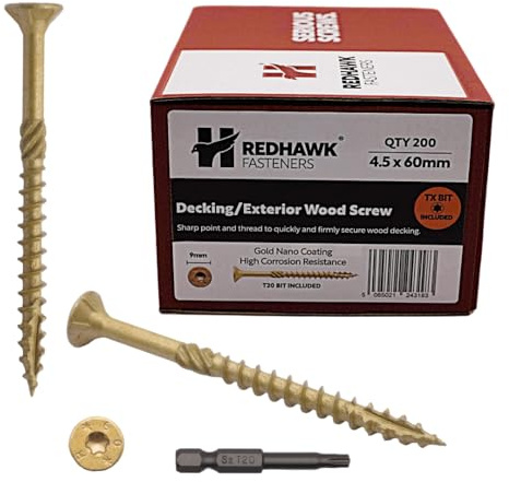Box of 200 Redhawk Fasteners® Decking/Exterior Wood Screw | 4.5 x 60mm | Corrosion Resistant Gold Nano Coating | T-20 Torx Drive | Driver Bit Included