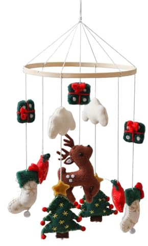 Weihnachts Mobile Baby Hölz Babybett Mobile Baby Windspiel mit Filzbällen, Weihnachtsbaum, Rentier, Weihnachtsstrumpf, Geschenke, SterneBabyzimmer Mobile Baby Neugeborene Jungen Mädchen Anhänger