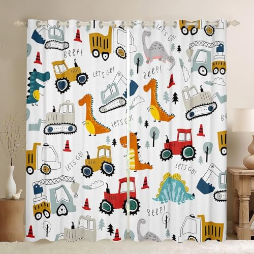 Thermoisolierte Vorhänge mit Cartoon Bauwagen Motiv Fenstervorhang mit Dschungel Dinosaurier Aufdruck Vollständig Verdunkelnd Sichtschutz Fenstervorhänge für Kinderzimmer, B118 cm x L137 cm x 2 Stück