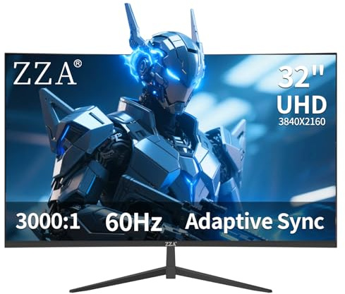 ZZA 32 Inch Curved Monitor 4K UHD 3840x2160, 60Hz 3000R VA Display, Gaming Monitor with Adaptive Sync, HDMI 2.1 & DisplayPort 1.4, 100% sRGB Computer Monitor, VESA 100x100, Black
