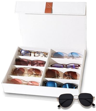 FARYODI Premium Brillen Aufbewahrungsbox, Brillenbox für Mehrere Brillen, Brillenaufbewahrung für Sonnenbrillen mit 8 Fächern, aus Leinen Stoff, Brillenaufbewahrung und Präsentation (White)