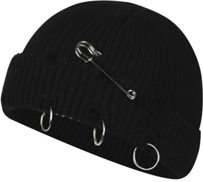 MüTze Damen Winter,StrickmüTze Mit Ringen Und Sicherheitsnadel Unisex MüTze,WintermüTze Mit Nadelverschluss Und Rustikalen LöChern Im Used-Look FüR Winter Streetwear Stil Black