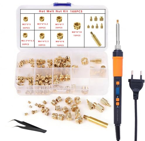 Kit 168 piezas de Insertos Roscados con Cabezal de Soldadura, Soldadura Control Temperatura de 90W, con 6 Puntas de Soldadura, Adecuado para Insertos Roscados de Impresión 3D (M2/M2.5/M3/M4/M5/M6/M8)