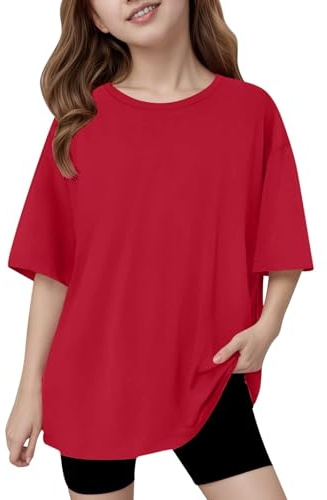 T-shirt décontracté uni ample pour fille, haut basique confortable et doux pour les tenues quotidiennes, rouge, 9-10 ans